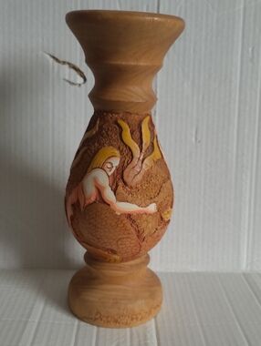 Hand-Carved Wooden Mermaid Candle Holder With Natural & Yellow Accents